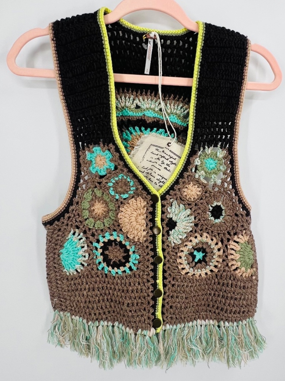 Free People NWT Hand Open Knit Sleeveless Button Vest S Fringe Boho Hippie